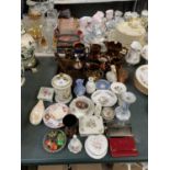 A LARGE GROUP OF ITEMS TO INCLUDE WEDGWOOD JASPER WARE, CANDLE STICKS, JARS ETC
