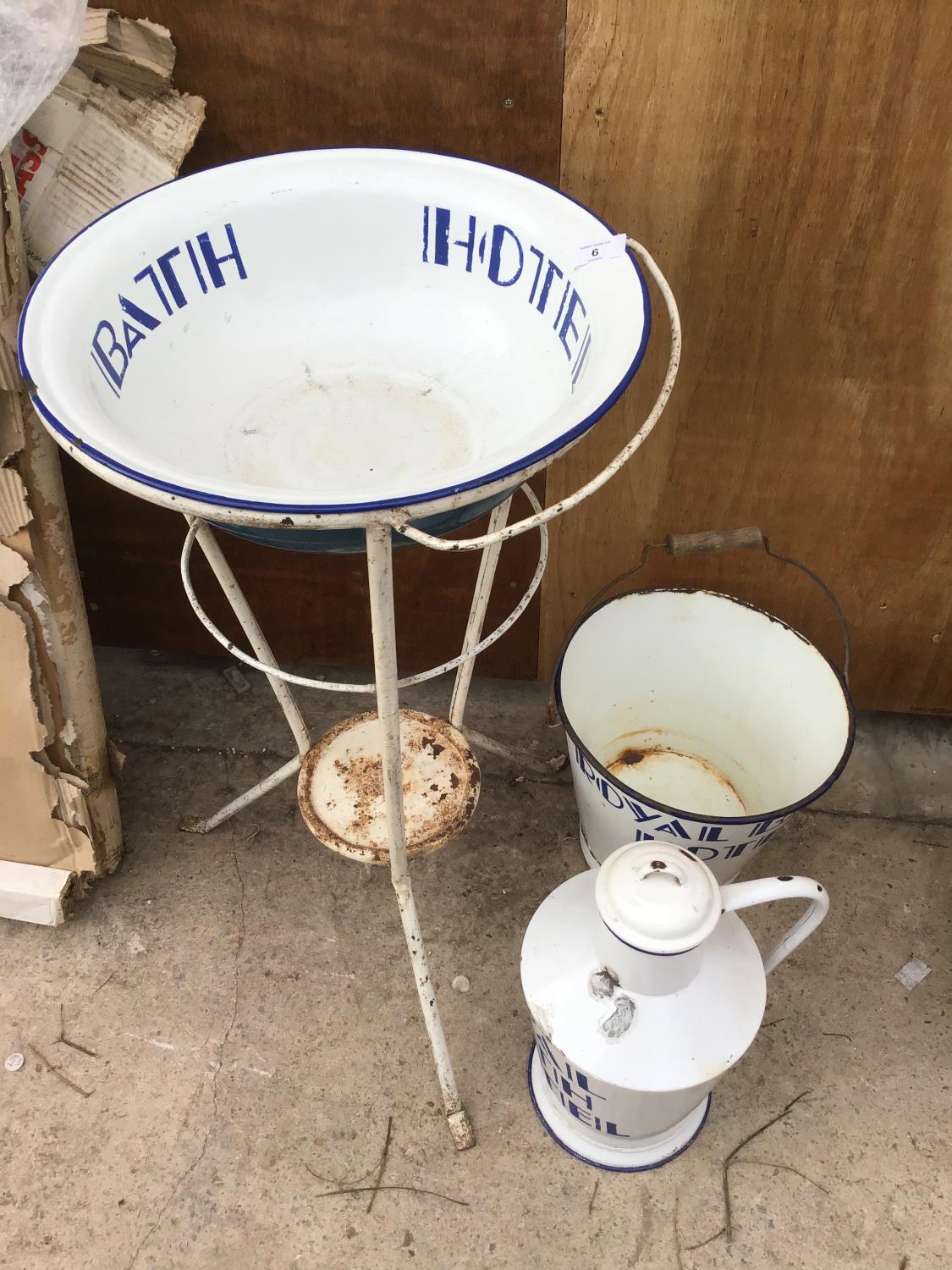 A VINTAGE 'ROYAL BATH HOTEL' WHITE AND BLUE ENAMEL BUCKET, LIDDED JUG, BOWL ON A STAND