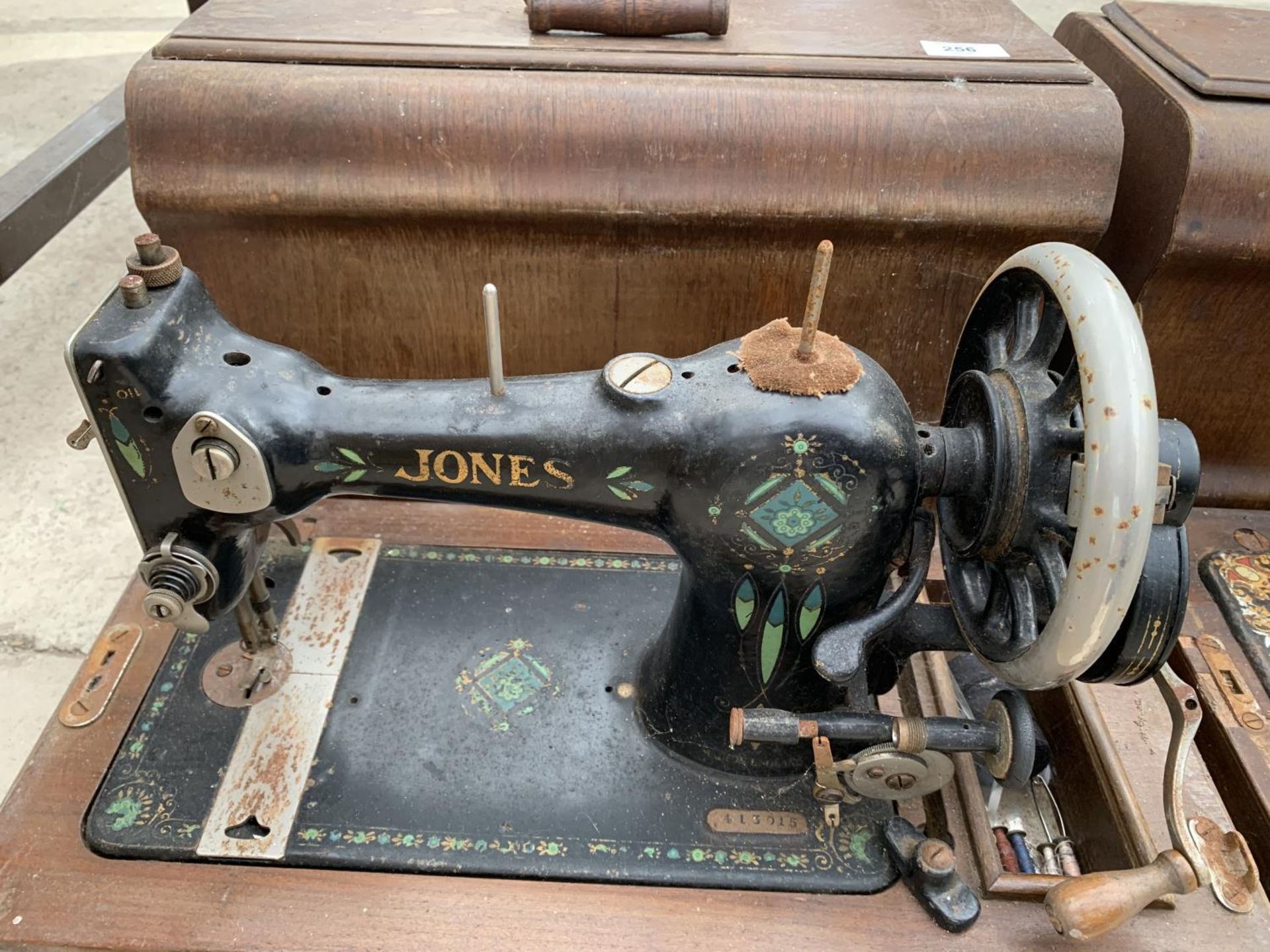 VINTAGE JONES SEWING MACHINE IN A WOODEN CASE - Image 2 of 2