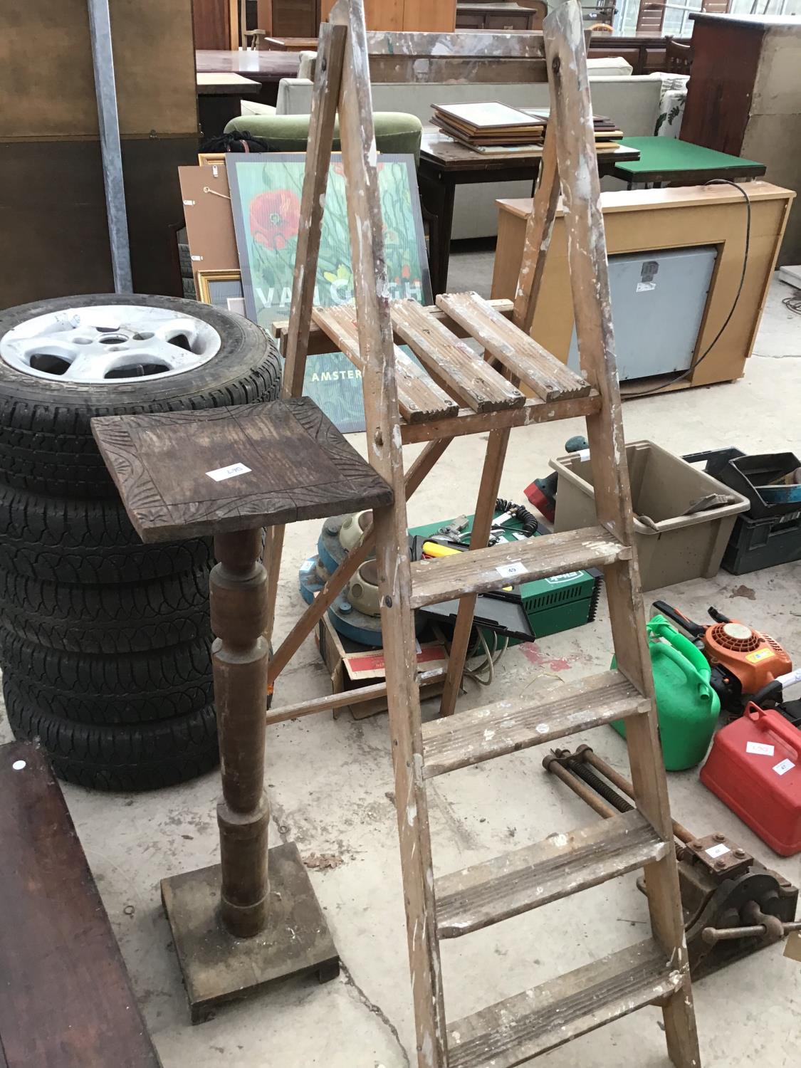 A SET OF VINTAGE FOUR STEP WOODEN STEP LADDERS AND A WOODEN PLANT STAND - Image 2 of 3