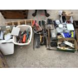 VARIOUS ITEMS TO INCLUDE TOOLS, GOLD COLOURED MIXER TAP, FOLDING WINE RACK ETC