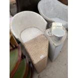 SIX ITEMS - TWO LLOYD LOOM STYLE LINEN BASKETS AND TWO CHAIRS AND TWO BOOKSHELVES