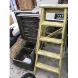 A VINTAGE FOUR RUNG STEP LADDER (REPAIRED), A WOODEN CHEST, TWO WOODEN POTATO BOXES ETC