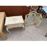 AN ORNATE SEWING BOX ON METAL SUPPORTS AND A FRECH STYLE THREE SECTION DRESSING TABLE MIRROR