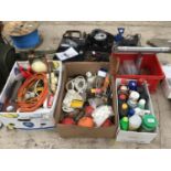 FOUR BOXES OF HARDWARE, ELECTRICAL ITEMS, PLUMBING SPARES ETC