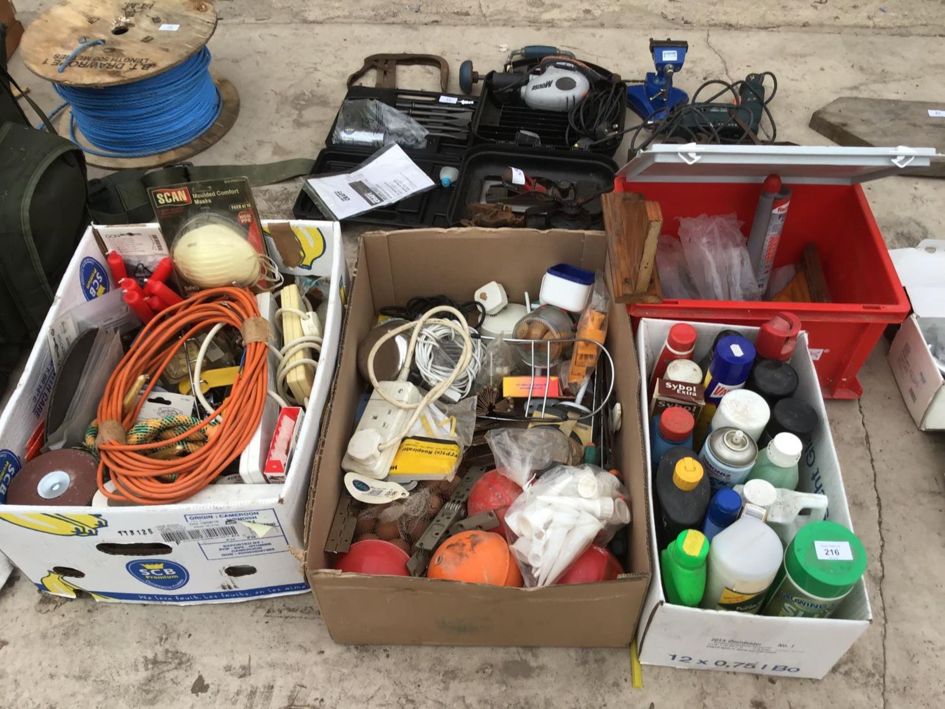 FOUR BOXES OF HARDWARE, ELECTRICAL ITEMS, PLUMBING SPARES ETC