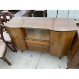 A RETRO TEAK SIDEBOARD WITH TWO DOORS, THREE DRAWERS AND TWO SLIDING GLASS DOORS