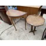 AN OCTAGONAL OAK OCCASIONAL TABLE AND A MAHOGANY DEMI LUNE HALL TABLE