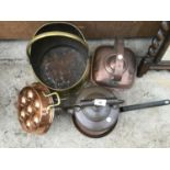 VARIOUS VINTAGE/ARTS AND CRAFTS ITEMS TO INCLUDE A BRASS COAL BUCKET, COPPER KETTLES ETC