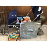A VINTAGE DOLLS PRAM WITH TOYS, A MORLANDS PRAM CANOPY AND WOODEN CHILDS WALKER WITH BLOCKS