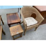 TWO SMALL TABLES AND A WICKER ARMCHAIR