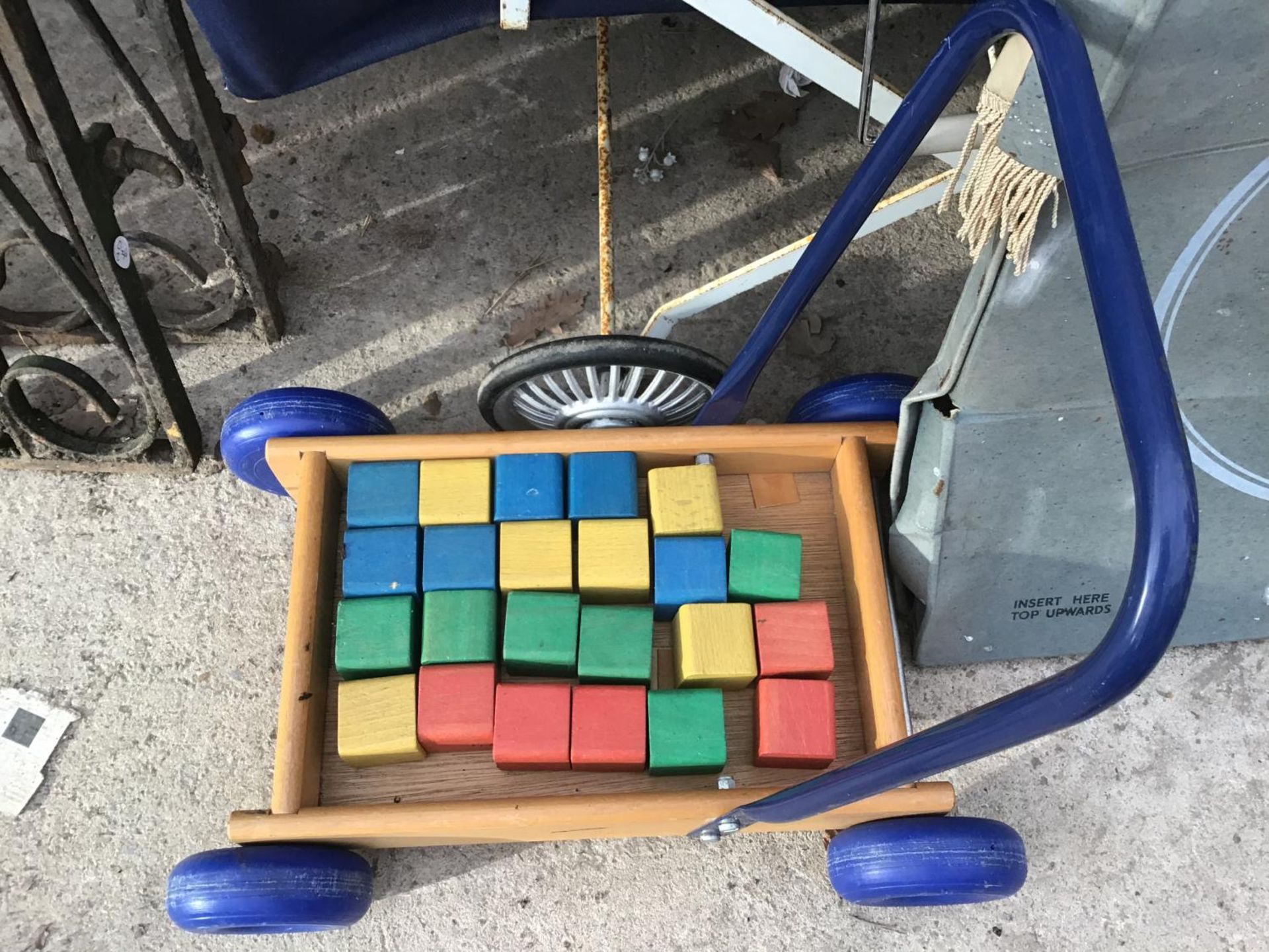 A VINTAGE DOLLS PRAM WITH TOYS, A MORLANDS PRAM CANOPY AND WOODEN CHILDS WALKER WITH BLOCKS - Image 3 of 4