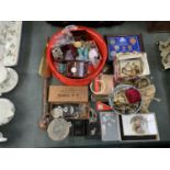 A LARGE COLLECTION OF ITEMS TO INCLUDE ASSORTED COSTUME JEWELLERY, SKULL STICK, BRITISH COIN