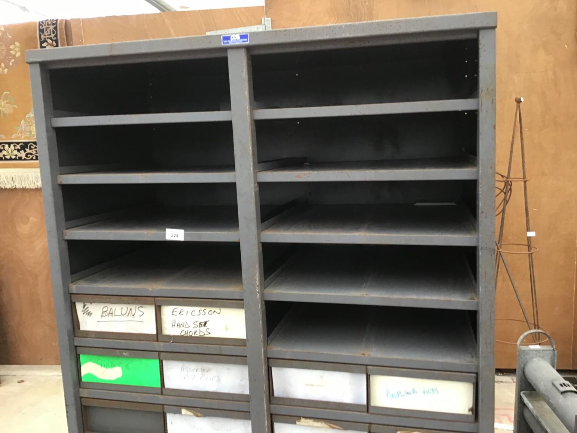 A TALL METAL STORAGE UNIT WITH THIRTY FOUR SMALL DRAWERS AND ELEVEN PIGEON HOLES - Image 4 of 4