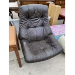 A STRESSLESS STYLE LEATHER ARMCHAIR ON TUBULAR CHROME SWIVEL SUPPORT