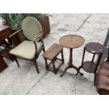 A MAHOGANY CAKE STAND, AN OAK WINE TABLE, A SMALL OAK TABLE AND A SMALL MAHOGANY ARMCHAIR