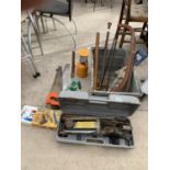 VARIOUS TOOLS TO INCLUDE A CASED JACK, SAWS, SPRAYERS, TOOL KIT ETC