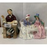 A ROYAL DOULTON 'SCHOOLMARM' CERAMIC FIGURE, FINGER A/F TOGETHER WITH AN AFTERNOON TEA FIGURE A/F