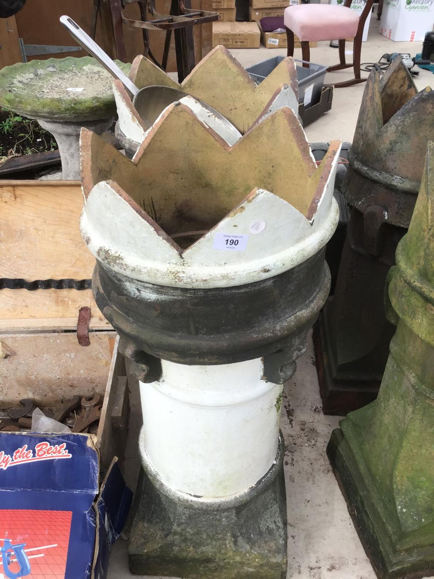 TWO VINTAGE WHITE PAINTED CROWN TOPPED CHIMNEY POTS