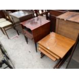 A RETRO TEAK NEST OF THREE TABLES, A TEAK BEDSIDE CABINET AND AN OAK BEDSIDE CABINET