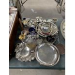 A COLLECTION OF ASSORTED SILVER PLATED ITEMS SUCH AS TRAYS, CRUIT SETS, GOBLET ETC
