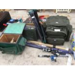 A LARGE QUANTITY OF FISHING ITEMS TO INCLUDE REELS, RODS, TACKLE BOXES, NET ETC