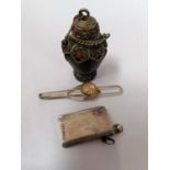 THREE ITEMS TO INCLUDE MIDDLE EASTERN SNUFF BOTTLE AND A HALLMARKED SILVER MATCH CASE
