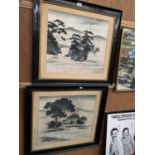 TWO ORIENTAL SILK PRINTS IN EBONISED FRAMES