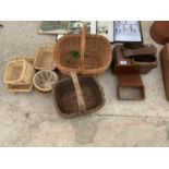 VARIOUS WICKER BASKETS AND A SHOE CLEANING BOX ETC