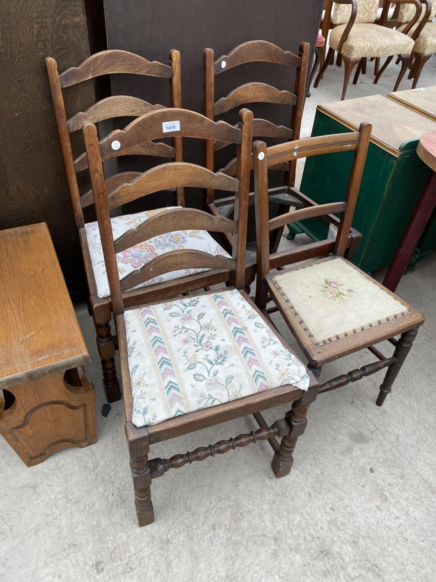 THREE OAK DINING CHAIRS AND A MAHOGANY BEDROOM CHAIR