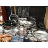 VARIOUS KITCHEN RELATED ITEMS TO INCLUDE PANS, STAINLESS STEEL, RACKS ETC