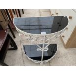 A WROUGHT IRON DEMI LUNE TABLE