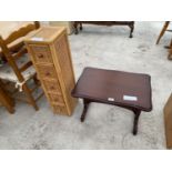 A SMALL MAHOGANY TABLE AND A WICKER CHEST OF FIVE DRAWERS