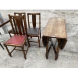 AN OAK DROP LEAF DINING TABLE AND THREE DINING CHAIRS