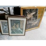 A LARGE GILT FRAMED SILK EMBORIDERED PANEL OF BIRDS TOGETHER WITH THREE ANIMAL PRINTS (4)