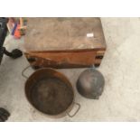 A WOODEN STORAGE BOX, A COPPER TWIN HANDLED PAN AND A KETTLE