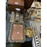 A SILVER PLATED TRAY AND COFFEE POT TOGETHER WITH CRYSTAL CUT JARS IN STAND AND BRASS DISH