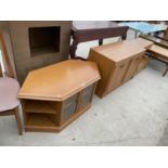 THREE TEAK EFFECT ITEMS - A TV STAND AND TWO CABINETS