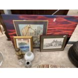 VARIOUS PICTURES AND CANVAS, A BRASS LIGHT, SHADES ETC