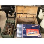 A WOODEN TOOL BOX WITH SPANNERS, A FURTHER BASKET WITH SPANNERS AND A BOXED MITRE SAW