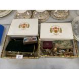 TWO BOXES CONTAINING ASSORTED COSTUME JEWELLERY, PLAYING CARDS ETC