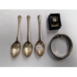 FIVE HALLMARKED SILVER ITEMS - THREE TEASPOONS, THIMBLE AND BANGLE