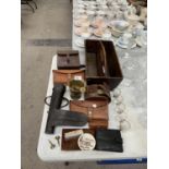 A COLLECTION OF ASSORTED ITEMS TO INCLUDE WOODEN BOX, BAGS, WALLETS ETC