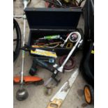 VARIOUS ITEMS TO INCLUDE A WOODEN TOOL BOX INCLUDING A TENON SAW, STELLA ARTIOS BEER PUMP, BRASS