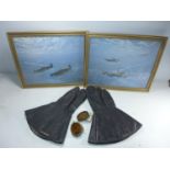 MIXED LOT - PAIR OF GOGGLES, PAIR OF FRAMED SPITFIRE AND LANCASTER PRINTS AND PAIR OF LEATHER FLYING
