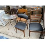 SEVEN ITEMS - FIVE VARIOUS DINING CHAIRS, A TEA TROLLEY AND A DEMI LUNE WROUGHT IRON CONSERVATORY