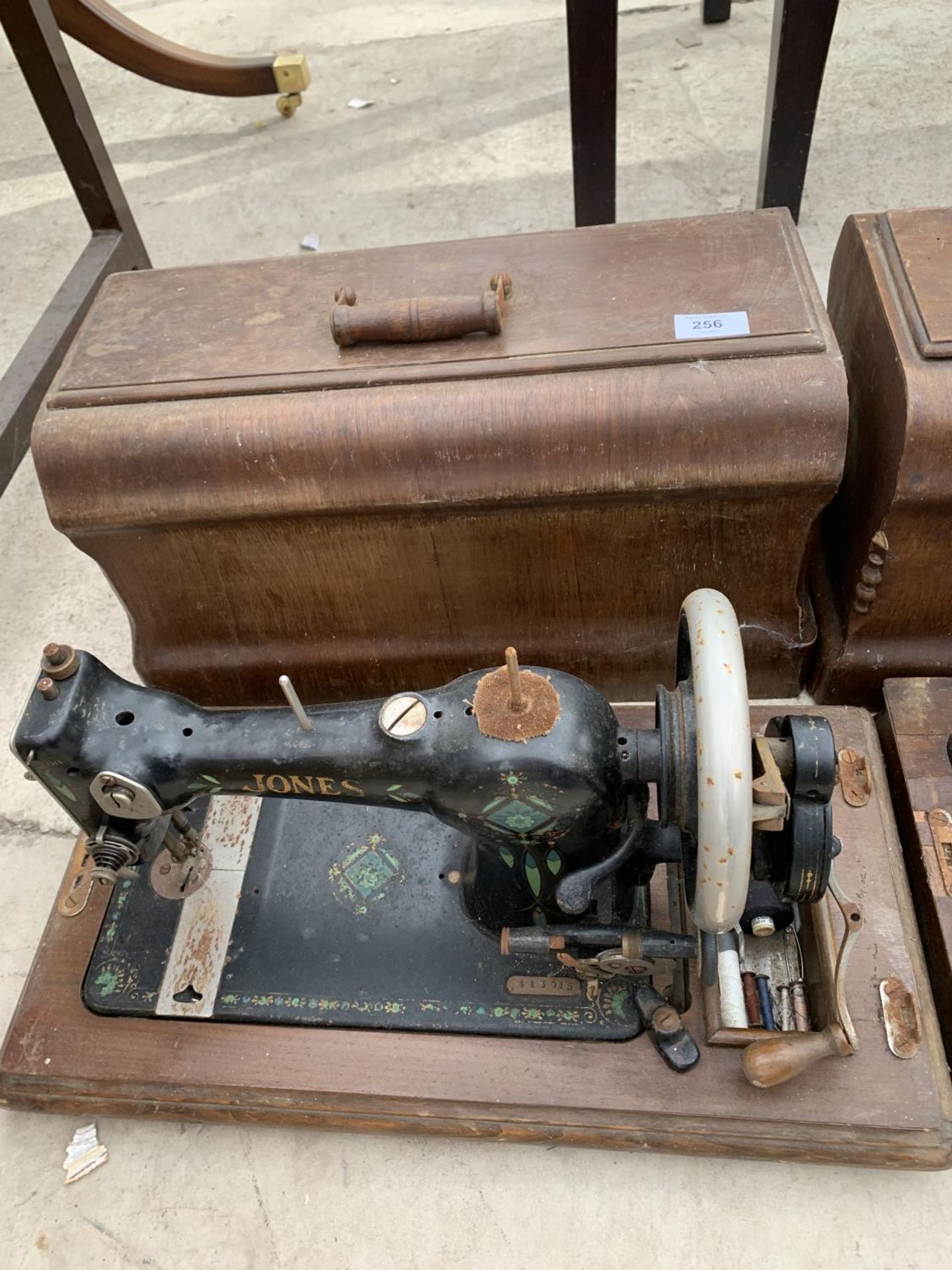 VINTAGE JONES SEWING MACHINE IN A WOODEN CASE