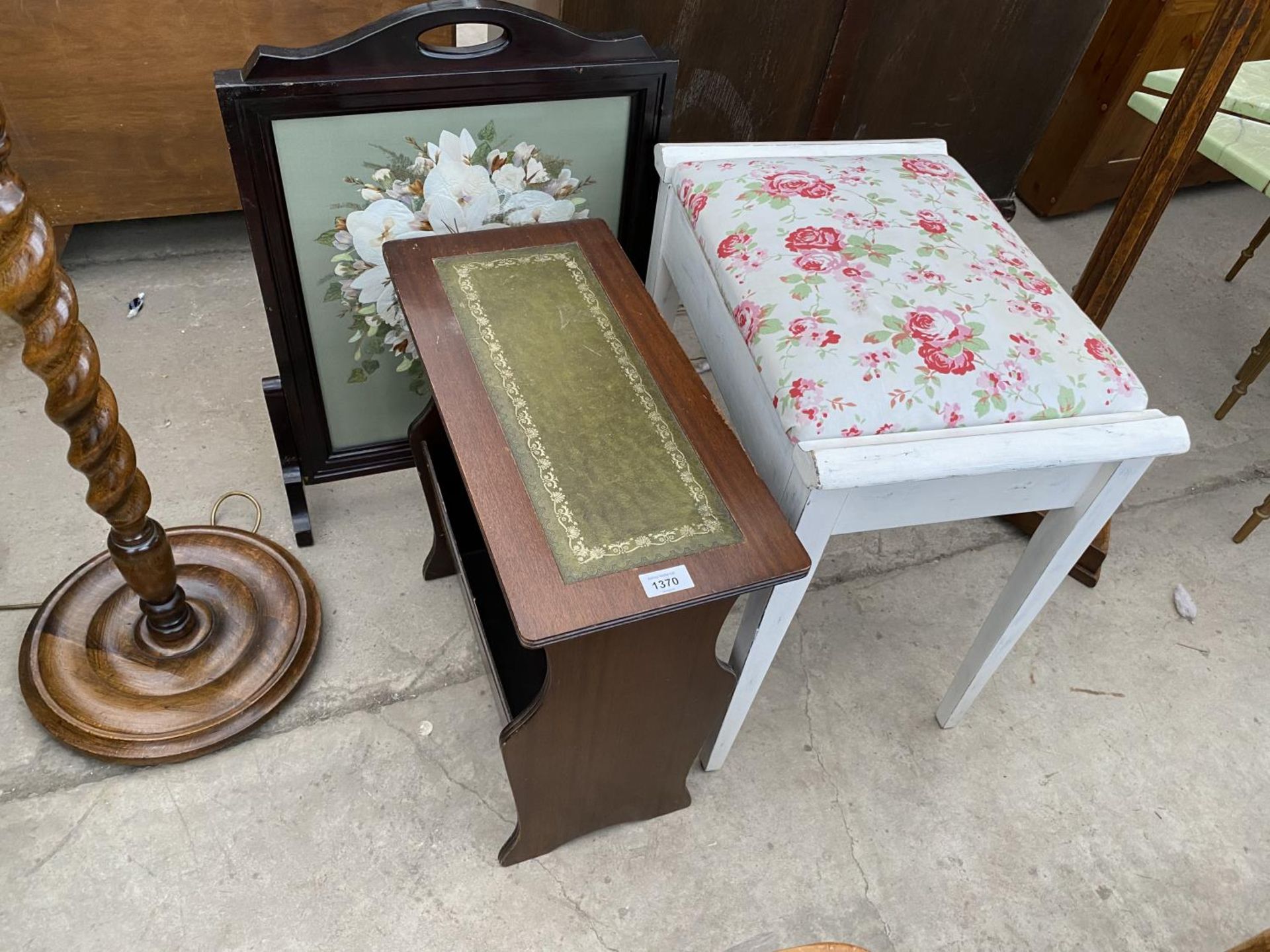 THREE ITEMS - A MAHOGANY FIRESCREEN WITH PRESSED FLOWER DECORATION, A MAHOGANY MAGAZINE RACK TABLE