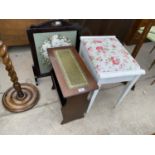 THREE ITEMS - A MAHOGANY FIRESCREEN WITH PRESSED FLOWER DECORATION, A MAHOGANY MAGAZINE RACK TABLE