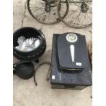 A VINTAGE STYLE METAL CAULDRON AND A KETTLE, A METAL DOCUMENT BOX AND A SET OF SCALES